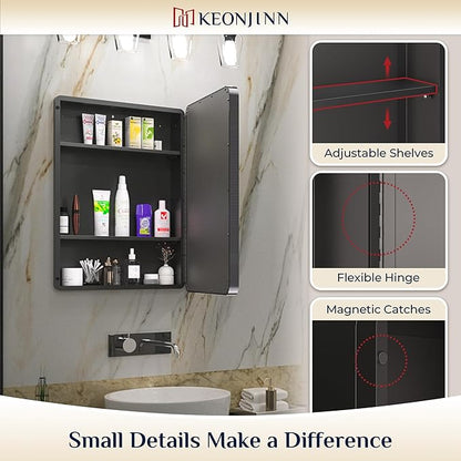 Keonjinn 20 x 26 Inch Black Recessed Medicine Cabinets, Bathroom Mirrored Medicine Cabinet, Gloss Black Stainless Steel Framed, Adjustable Shelves, in Wall or Surface Mount, Sturdy & Heavy, Farmhouse