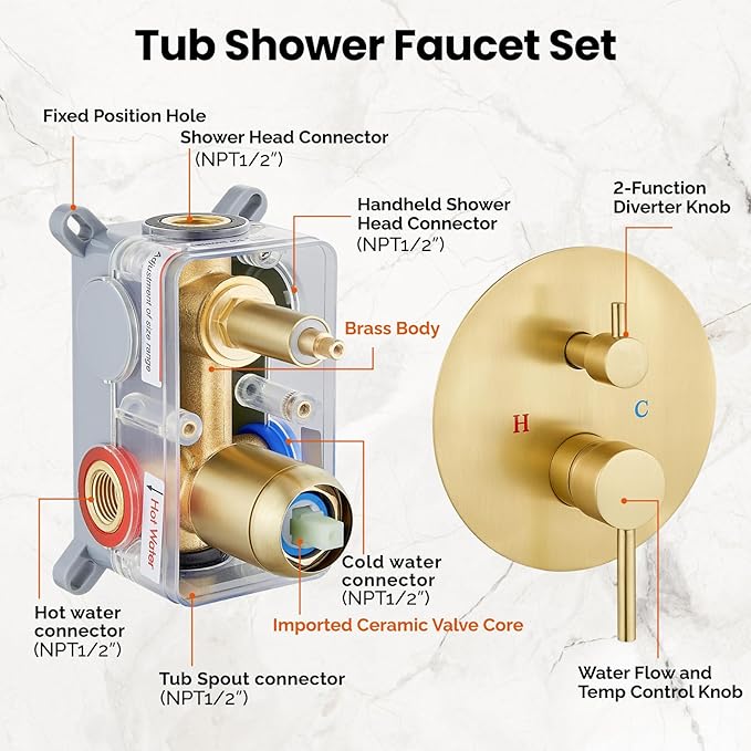 Airuida Shower Fixtures 2 Functions Shower Faucet Set Wall Mounted for Bathroom High Pressure Brass Handheld Shower with Rough-in Valve Round Rainfall 12 Inch Shower Head Brushed Gold