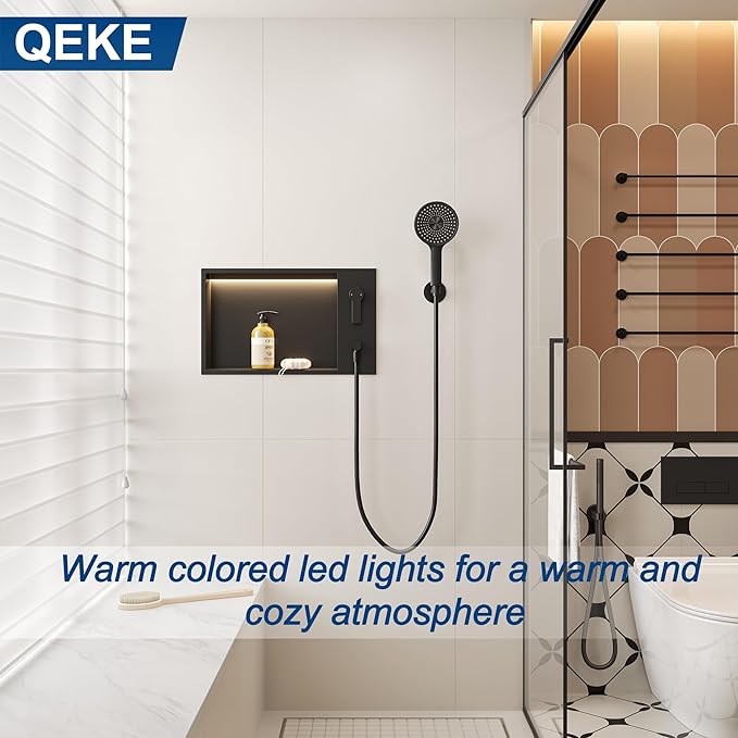 Shower Niche with Round Hand Shower, and LED Light in Matte Black/Horizontal