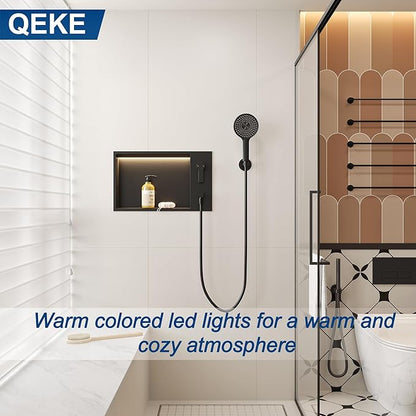 Shower Niche with Round Hand Shower, and LED Light in Matte Black/Horizontal