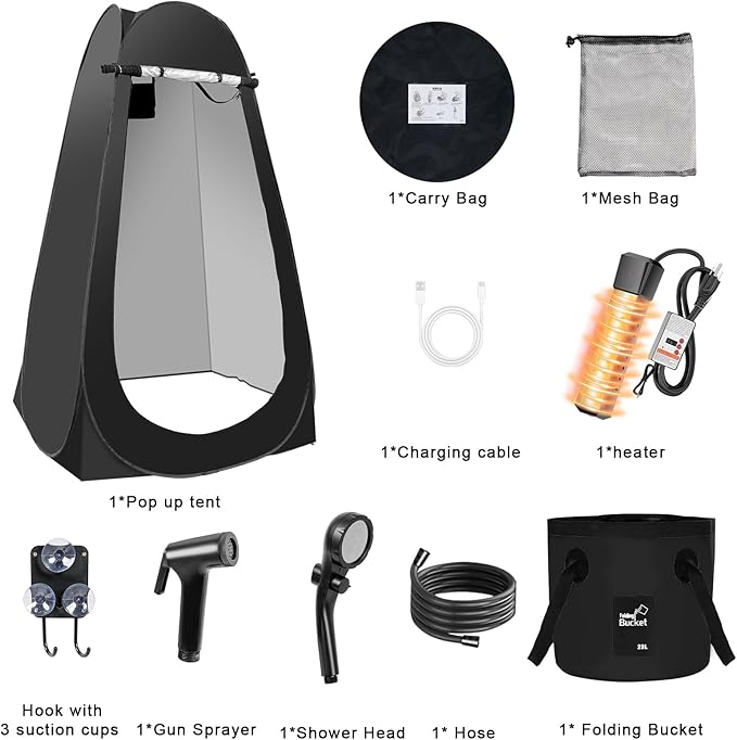 Portable Hot Shower Tent for Camping,Pop Up Privacy Tent with Rechargeable Camping Shower with 2000w Immersion Water Heater