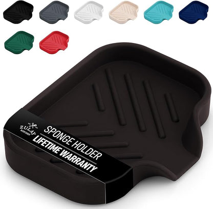 Zulay Kitchen Small Silicone Sponge Holder (4.9x3.3”) – Space-Saving Sink Organizer Tray for Sponge, Soap, Brush & More – Compact Non-Slip Dish for Kitchen & Bathroom (Chocolate)