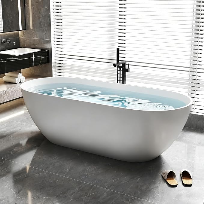 63 Inch Solid Surface Freestanding Bathtub, Oval Shaped Soaking Stone Resin Bath Tub with Brushed Overflow and Drain, Matte White Stand Alone Bathtub, cUPC Certified