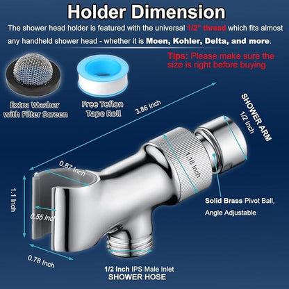 Shower Head Holder All Metal Adjustable Handheld Shower Arm Mount, 1/2" Shower Hose Holder Fits Most Hand Showerheads, Brass Hand Held Shower Head Holder, Easy to Install(Chrome)