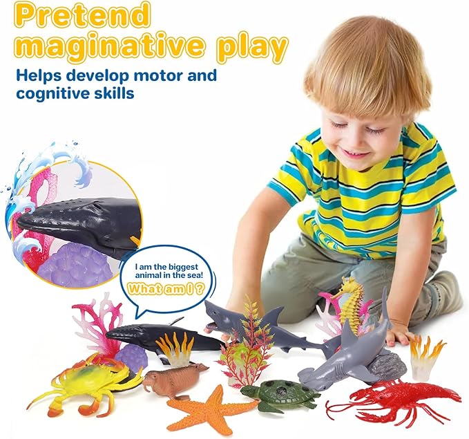 Ocean Sea Animal Figure Toys for Kids 3-5, Realistic Sea Life Figures Animal Creature Sand Toys Beach Bath Playset Include Shark Whale Corals Seagrass Crab Octopus Turtle for Toddler Boys & Girls