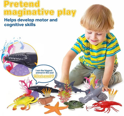Ocean Sea Animal Figure Toys for Kids 3-5, Realistic Sea Life Figures Animal Creature Sand Toys Beach Bath Playset Include Shark Whale Corals Seagrass Crab Octopus Turtle for Toddler Boys & Girls