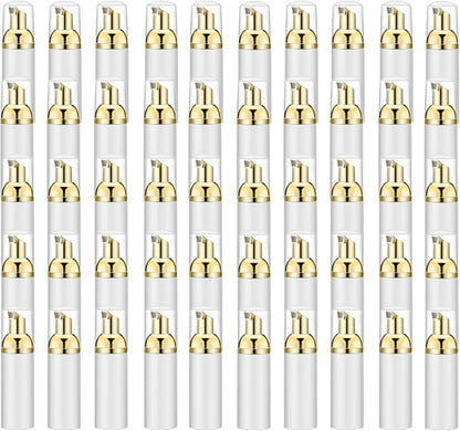 2 Oz Empty Foam Pump Bottle (50 PCS) Travel Foaming Soap Dispenser for Hand Soap, Lash Shampoo Cleanser (White&Gold Pump&Clear Cap)