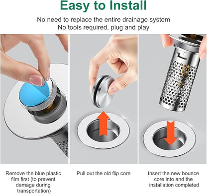 Bathroom Sink Drain Strainer,Pop-Up Sink Stopper Hair Catcher, Anti-Clog Stainless Steel Drain Filter Basket, Removable Sink Drain for Bathroom Sink Stopper Replacement (Silver-1)