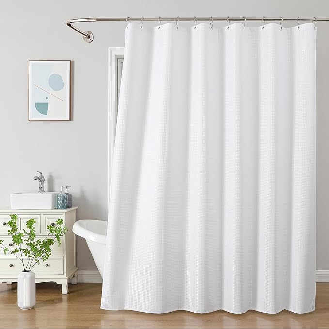 2-in-1 Waterproof Fabric Shower Curtain - No Separate Liner Needed, Hotel-Style Waffle Weave, Effortless Cleaning & Washable Bathroom Shower Curtain Set,72Wx84H,White