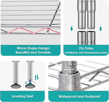 BNSPLY 3-Tier Adjustable Shelving Unit, Metal Wire Rack with NSF Certified, Leveling Feet, Standing Storage Shelf for Laundry, Bathroom, Kitchen, Pantry, Closet, Chrome