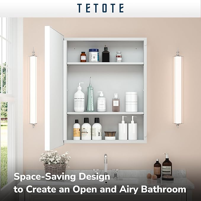 TETOTE Medicine Cabinet Mirror White Framed 21 x 27 Inch Aluminum Framed Surface or Recessed Wall-Mounted Bathroom Medicine Cabinets Beveled Mirror with Storage 1 Door Modern Farmhouse