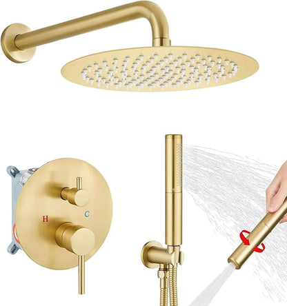 Airuida Shower Fixtures 2 Functions Shower Faucet Set Wall Mounted for Bathroom High Pressure Brass Handheld Shower with Rough-in Valve Round Rainfall 12 Inch Shower Head Brushed Gold