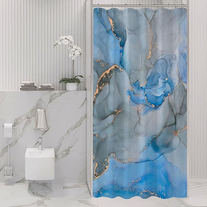 Gibelle Small Stall Shower Curtain 36 x 72, Narrow Half Abstract Blue Grey Marble Shower Curtain, Modern Ink Art Waterproof Fabric Shower Curtain Set with Hooks