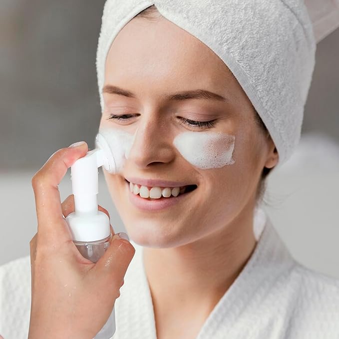 6PCS Foam Bottle with Brush, Empty Foaming Pump Dispenser Small Face Cleanser Empty Bottles with Brush Head Pressure Type for Facial Wash and Gel Cleansing Milk Beater 2oz