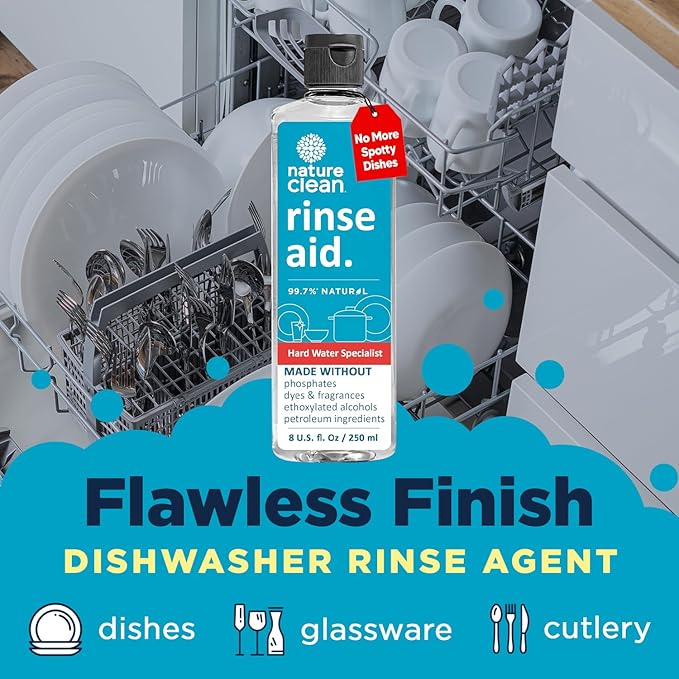 Nature Clean Natural Dishwasher Rinse Aid Liquid with 99.7% Plant-Based Ingredients, Unbelievable Power with No Nasty Chemicals. Dishwasher Drying Agent. Hard Water Stain Remover. 8 oz. (12 pack)