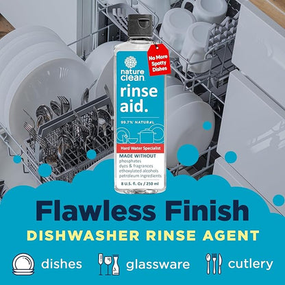 Nature Clean Natural Dishwasher Rinse Aid Liquid with 99.7% Plant-Based Ingredients, Unbelievable Power with No Nasty Chemicals. Dishwasher Drying Agent. Hard Water Stain Remover. 8 oz. (12 pack)