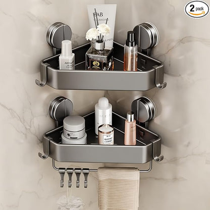 Suction Cup Shower Caddy Corner, 2 Pack Suction Corner Shower Shelves No Drilling, Rustproof Shower Organizer Suction Cup with Towel Holder & Hooks Removable Bathroom Storage Rack(Gray)