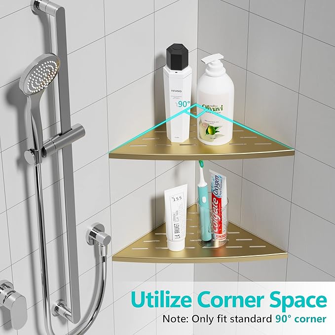 Corner Shower Shelf Brushed Golden, 304 Stainless Steel 11.5” Recessed Corner Shelf Bathroom for Tiled Wall, Floating Shower Shelves Shampoo Holder, No Drilling, 2 Pack