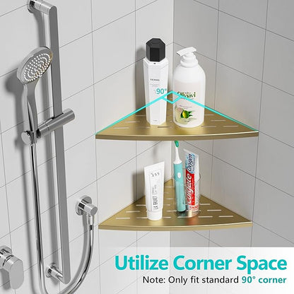 Corner Shower Shelf Brushed Golden, 304 Stainless Steel 11.5” Recessed Corner Shelf Bathroom for Tiled Wall, Floating Shower Shelves Shampoo Holder, No Drilling, 2 Pack