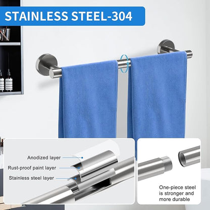 Brushed Nickel Bathroom Accessories, Bathroom Hardware Set, SUS304 Stainless Steel Bathroom Towel Holder Set, 24 Inch Towel Bar Set 5 Pcs, 2 Towel Hooks, Toilet Paper Holder, Towel Ring
