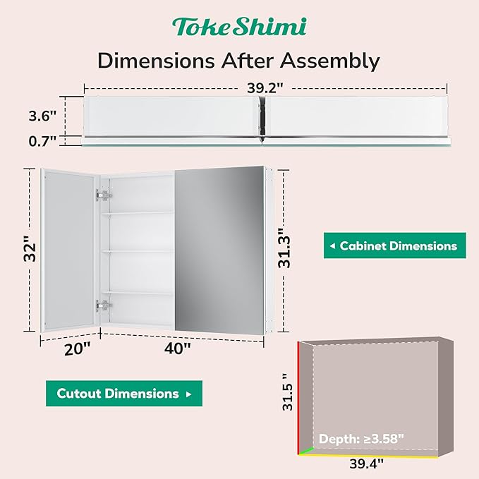 TokeShimi 40x32 Bathroom Medicine Cabinet with Mirror White, Aluminum Tempered Mirrored Medicine Cabinet Recessed or Wall Mounted with Adjustable Storage Metal for Modern Farmhouse