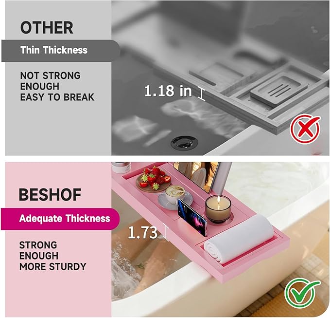 Foldable Bathtub Caddy Tray, Bamboo Bath Tub Tray Table for Tub with Wine Glass Holder Book Phone Tablet Holder with Extending Sides, Adjustable Bathroom Bathtub Free Soap Holder Gift Idea (Pink)