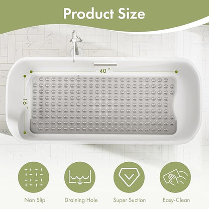 AmazerBath Shower Mat Non Slip 40 x 16 Inches, Shower Stall Mats with Suction Cups and Drain Holes, Non Slip Bath Mat for Tub for Elderly & Kids, Clear Gray
