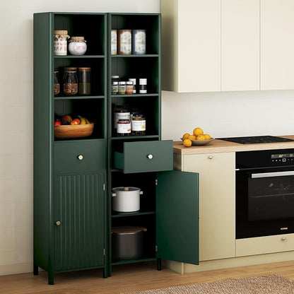 Tangkula 67" Tall Bathroom Cabinet, Narrow Floor Cabinet w/Fluted Door, 3 Open Shelves & 1 Drawer, Freestanding Storage Organizer w/Adjustable Shelf & Anti-tip Kit for Kitchen, Living Room (Green)