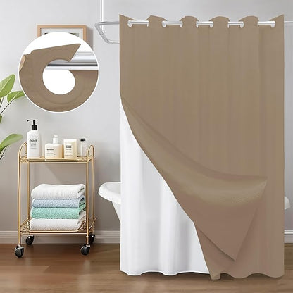 Inhousolu No Hook Waffle Weave Shower Curtain with Removable Snap in Fabric Liner Set for Bathroom, 230 GSM Heavy Duty Weighted Hem, Water Repellent Washable Bath Curtains, 72 x 72 Inch, Beige