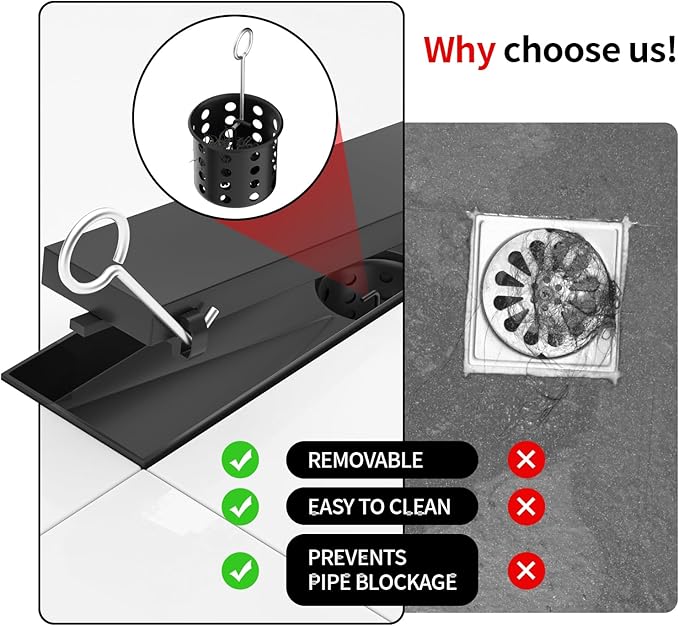 Linear Shower Drain, 304 Stainless Steel with Adjustable Leveling Feet, Hair Strainer,Reversely Install Place to Create an Invisible Floor Drain - Black -60-Inch