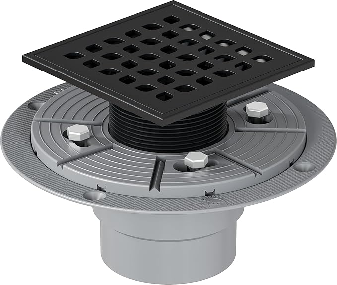 Neodrain Square Shower Drain,4 inch Black Stainless Steel 304 Grate and PVC Drain Body, Grate with Kit Includes Hair Trap/Strainer,Lifting Hook and PVC Drain Base