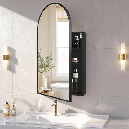 FKWin Arched Medicine Cabinet with Mirror,Bathroom Mirror with Storage,Aluminum Alloy Bathroom Cabinet,Modern Wall Mounted Medicine Cabinet with 3 Adjustable Shelves,Not Recessed, 29.5"x15.7",Black