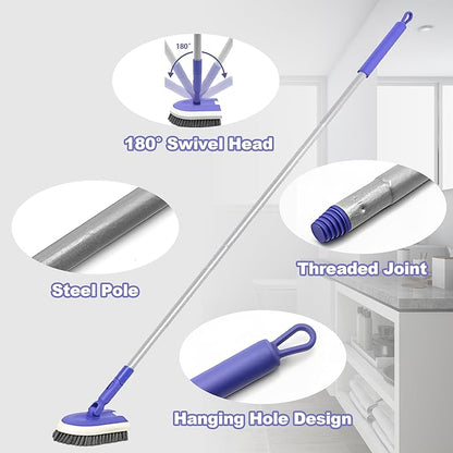 2 in 1 Tile Tub Scrubber Brush with 46.8" Extendable Long Handle, Shower Mop and Tub Cleaning Brush with 2 Different Function Cleaning Heads for Cleaning Bathroom Kitchen Wall Bathtub Floor