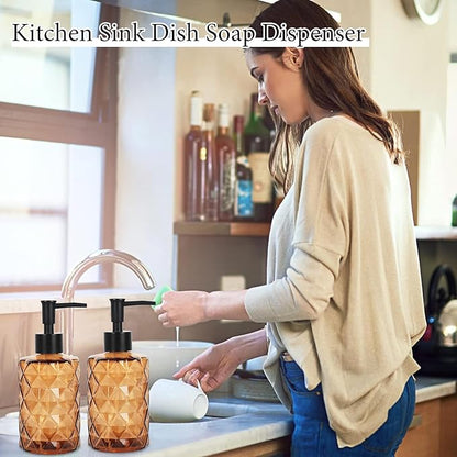 Brown Glass Soap Dispenser, 11 Oz/330ml Liquid Hand Soap Dispenser Set for Kitchen Sink and Bathroom, Dish Lotion Dispenser Set, Diamond Lotion Bottles with Black Pump&Funnel