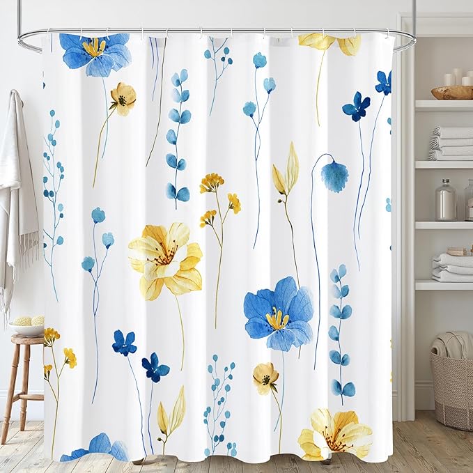 Gibelle Watercolor Floral Shower Curtain, Blue Yellow Flower Shower Curtain for Bathroom, Modern Minimalist Waterproof Fabric Shower Curtain Set 72x72 Inch