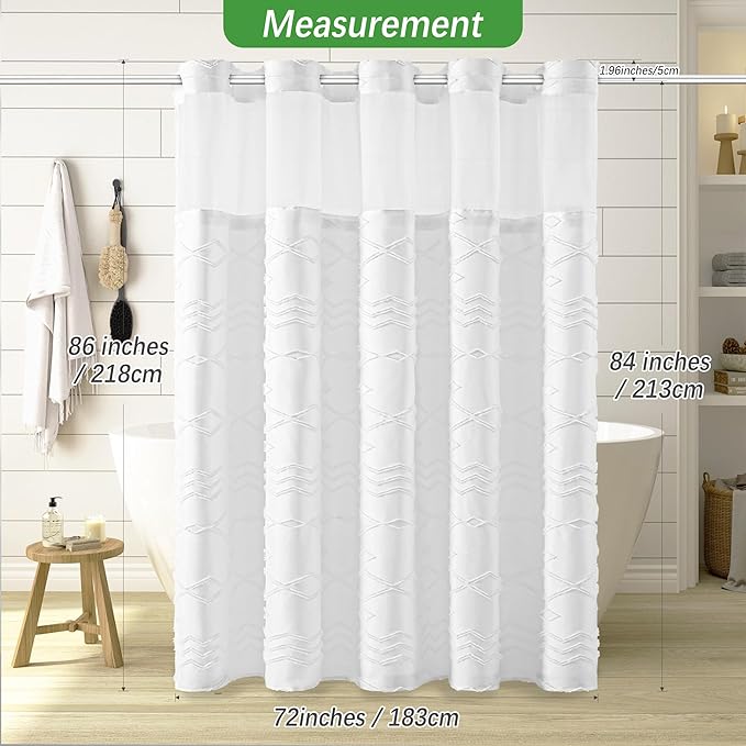 Long No Hook Tufted Chevron Striped Shower Curtain with Snap-in PEVA Liner Set - 72" x 86", Hotel Style with See Through Top Window, Water Repellent Fabric Shower Curtain White