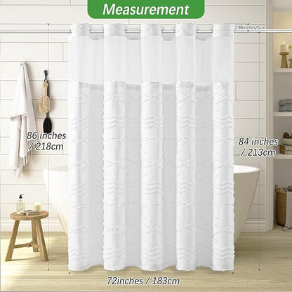 Long No Hook Tufted Chevron Striped Shower Curtain with Snap-in PEVA Liner Set - 72" x 86", Hotel Style with See Through Top Window, Water Repellent Fabric Shower Curtain White