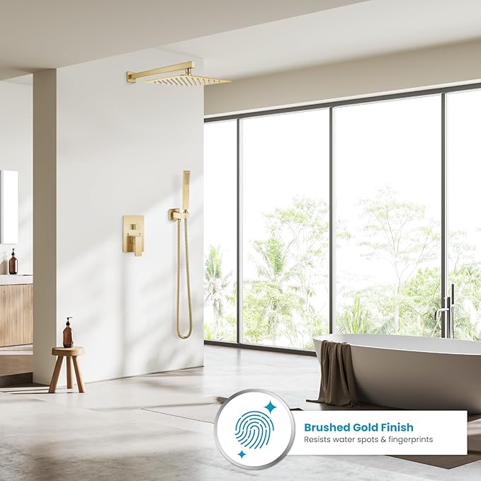 gotonovo Rainfall Bathroom Shower System Rain Shower Head and Handle Set Wall Mounted Shower Complete Combo Solid Brass Pressure Balancing Shower Mixer Valve 12 Inch Brushed Gold