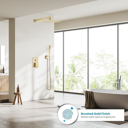 gotonovo Rainfall Bathroom Shower System Rain Shower Head and Handle Set Wall Mounted Shower Complete Combo Solid Brass Pressure Balancing Shower Mixer Valve 12 Inch Brushed Gold