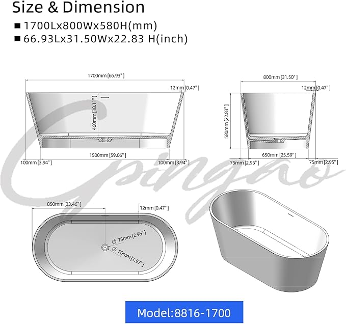 Cpingao 67" Solid Surface Freestanding Bathtub, Modern Oval Stone Resin Stand Alone Soaking Tub with Drain & Overflow, Matte White 8816-1700