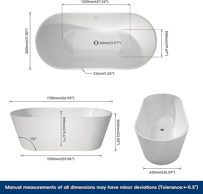 67" Acrylic Freestanding Bathtubs, Stand Alone Tub, Soaking Tubs for Bathroom, Integrated Overflow and Drain, cUPC Certified, Gloss White