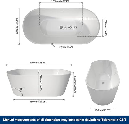 67" Acrylic Freestanding Bathtubs, Stand Alone Tub, Soaking Tubs for Bathroom, Integrated Overflow and Drain, cUPC Certified, Gloss White
