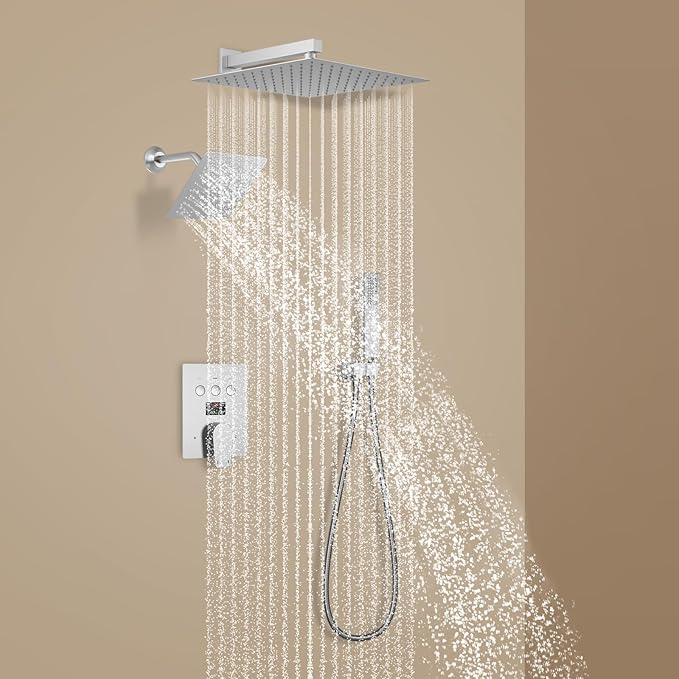 Temperature Display Shower Fixtures Brushed Nickel Rainfall Shower System, Push Button Shower Faucet with 2 Wall Mounted Shower Head(12+8"), Handheld Shower