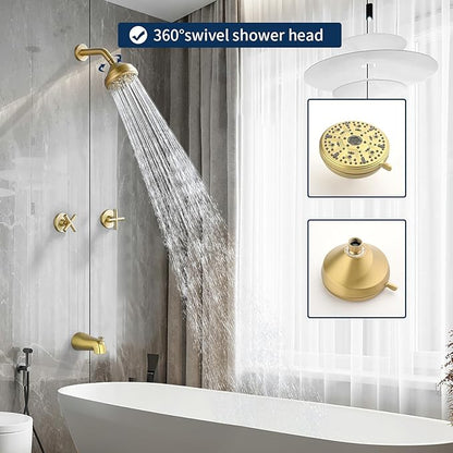 2 Handles Shower Faucet Set with Tub Spout Bathtub Shower Faucet Combo Set Shower System Complete Tub and Shower Trim Kit Brushed Gold Wall Mounted Shower Fixtures