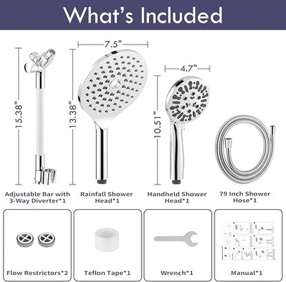 HOWUWEY Modern Dual Shower Head with Handheld Spray, 7.5" Rainfall Shower Head, 9 Modes Hand Showerhead, 78" Hose, Chrome