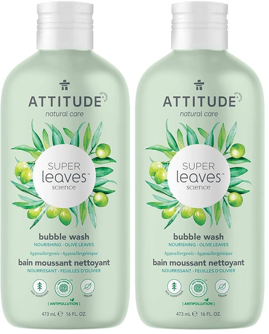 ATTITUDE Bubble Bath, EWG Verified, Plant and Mineral-Based Ingredients, Dermatologically Tested, Vegan and Cruelty-Free Body Care Products, Olive Leaves, 16 Fl Oz (Pack of 2)