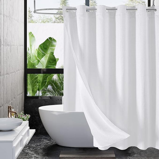 MitoVilla White Waffle Long Shower Curtain Liner Set 72 x 80, No Hooks Needed 80 inch Long Heavyweight Fabric Shower Curtain Set with Snap-in Liner for Hotel Grade Spa-Like Bathroom Decor