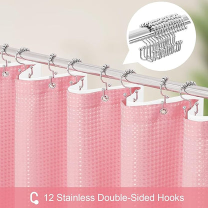 3 in 1 Stall Half Size Pink Shower Curtain Set-36 W x 72 H, Modern Waffle Waterproof Fabric and PEVA Liner Set with Stainless Steel Hooks