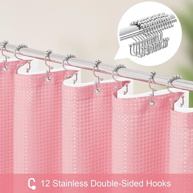 3 in 1 Extra Long Pink Shower Curtain Set-72 W x 84 H, Modern Waffle and PEVA Liner Set with 12 Stainless Steel Hooks, Waterproof Fabric for Bathroom