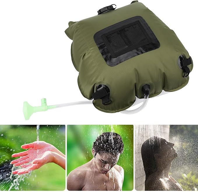 Outdoor Solar Heated Shower Bath Bag, Portable Camping Water Storage Bags with Thermometer, 20L PVC Foldable Shower Bag for Hiking Travel Beach Swimming, Includes Hose Nozzle and M